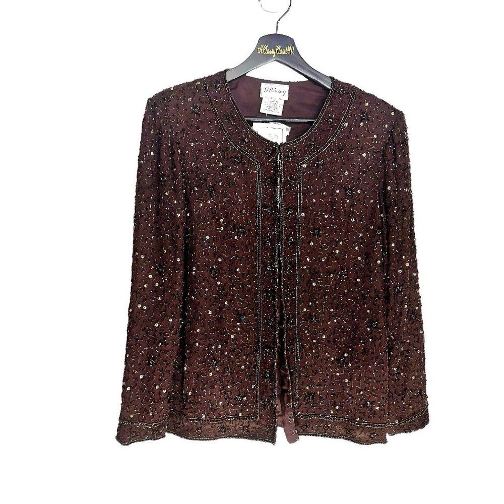 Stenay Silk Brown Sequin Beaded Jacket Size M Long Sleeve Evening Party